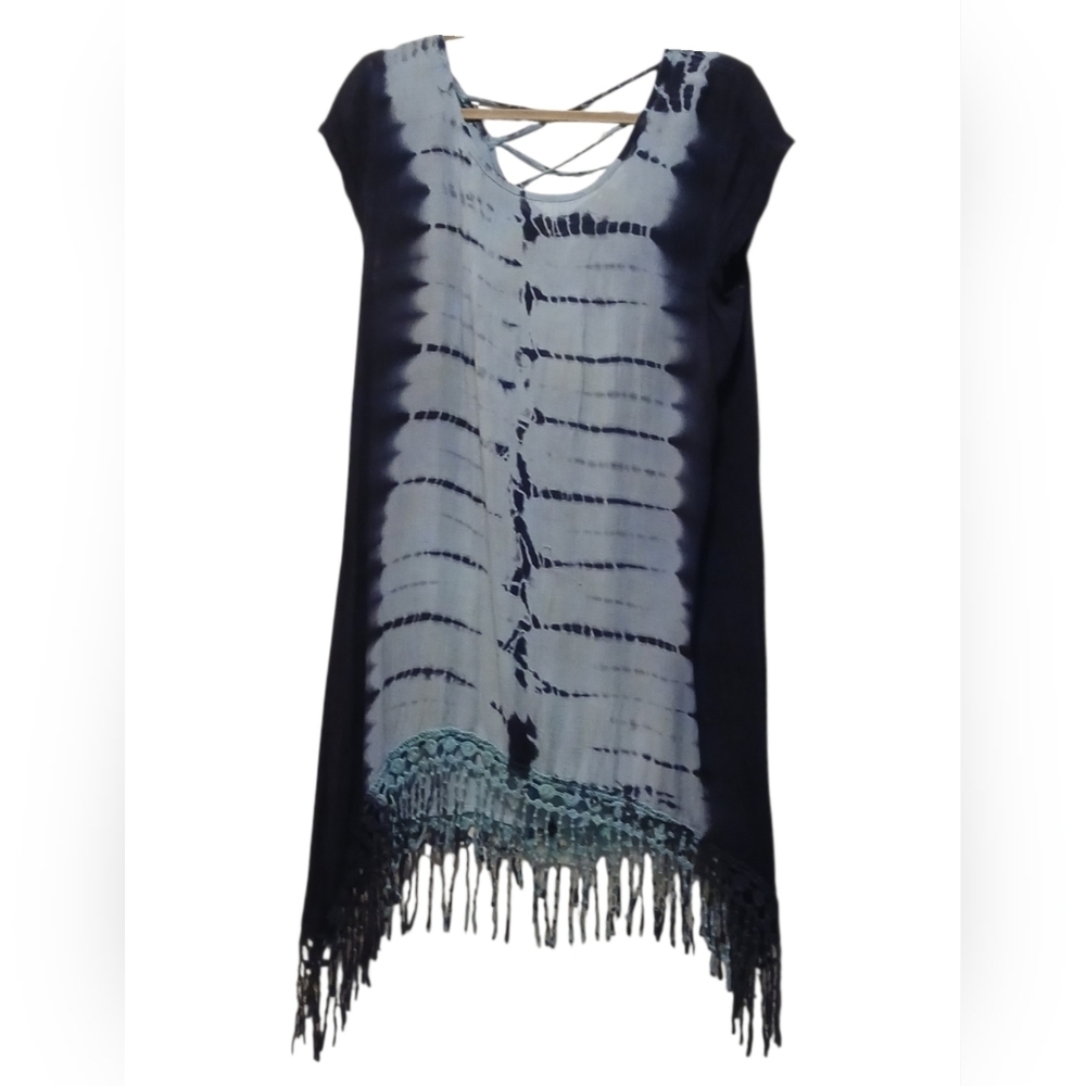 Blue Island - NWOT Hi/Lo Tie-Dye Beach Dress W/Crochet Fringe, Criss Cross Back